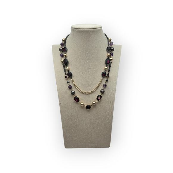 Deep Garnet & Amethyst White House Black Market Layered Beaded Chain Necklace - Picture 9 of 11